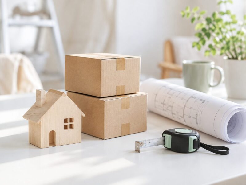 リフォーム中の仮住まいをイメージした家の模型と引っ越しの荷物