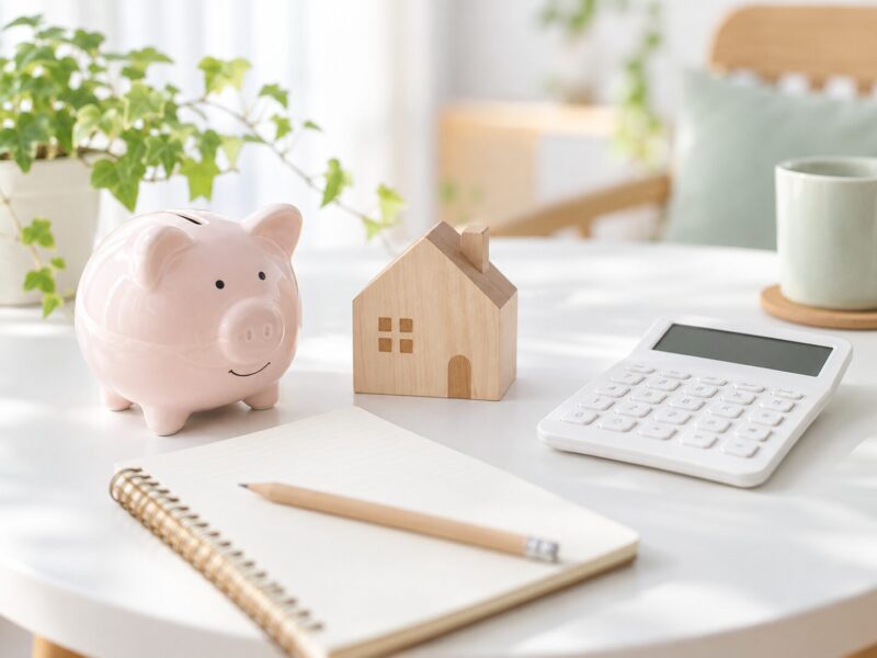 住まいの費用比較をイメージした貯金箱と家の模型、電卓