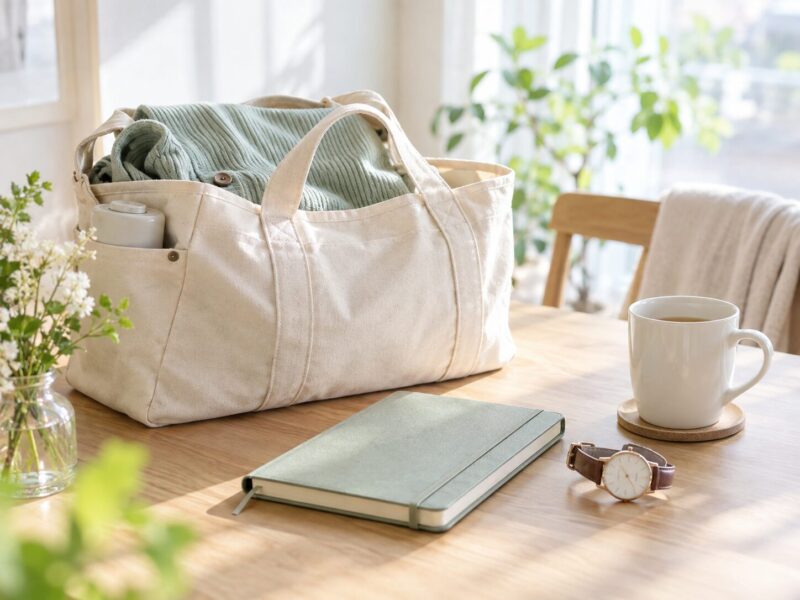 通院や付き添いでの滞在準備をイメージしたバッグと手帳、温かいお茶