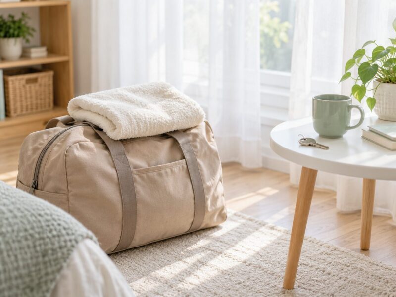 一時的な住まいの準備をイメージしたバッグとタオル、部屋の鍵